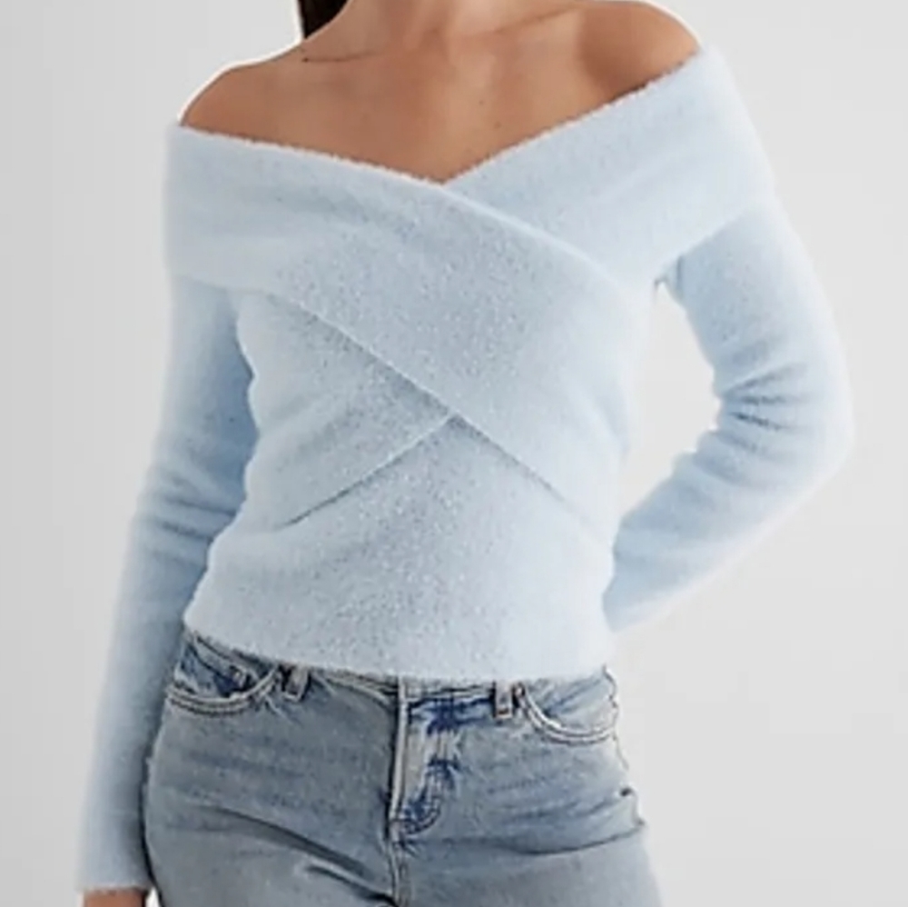 EXPRESS Faux Fur Off The Shoulder Surplice Sweater